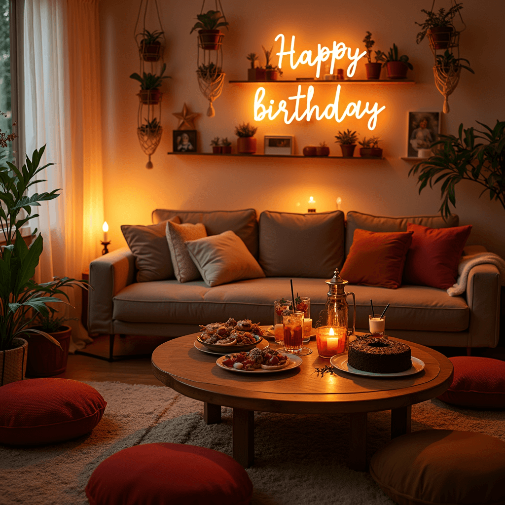 A cozy living room set for a surprise birthday celebration, featuring warm candlelight, a low coffee table with boho-chic tapas and cocktails, a decadent chocolate cake, plush floor cushions in jewel tones, macramé plant holders, a neon 'Happy Birthday' sign, and a backdrop of cascading balloon garlands.