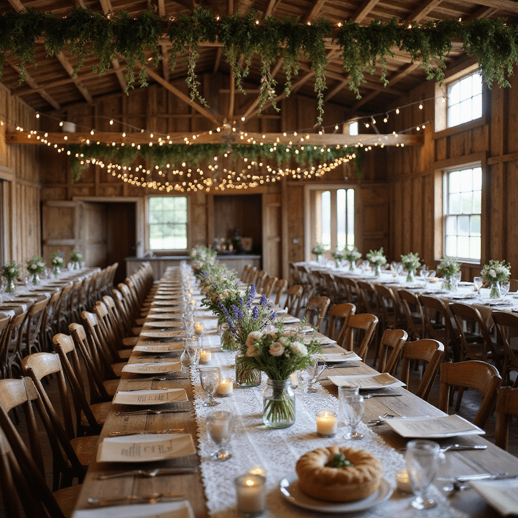 A rustic barn interior with long farmhouse tables and mismatched vintage chairs, adorned with lace runners, mason jar centerpieces, and twinkling fairy lights, creating a whimsical wedding reception atmosphere.