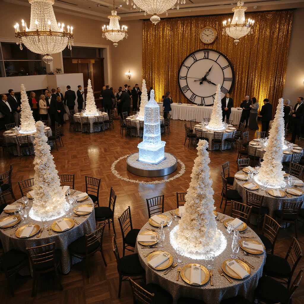 A high-angle view of an opulent New Year's Eve soirée in a grand ballroom, featuring shimmering silver sequin table linens, towering white hydrangea centerpieces, an ice sculpture, caviar and oyster bars, elegant guests in black-tie attire, and a giant clock counting down to midnight, all beneath sparkling crystal chandeliers.