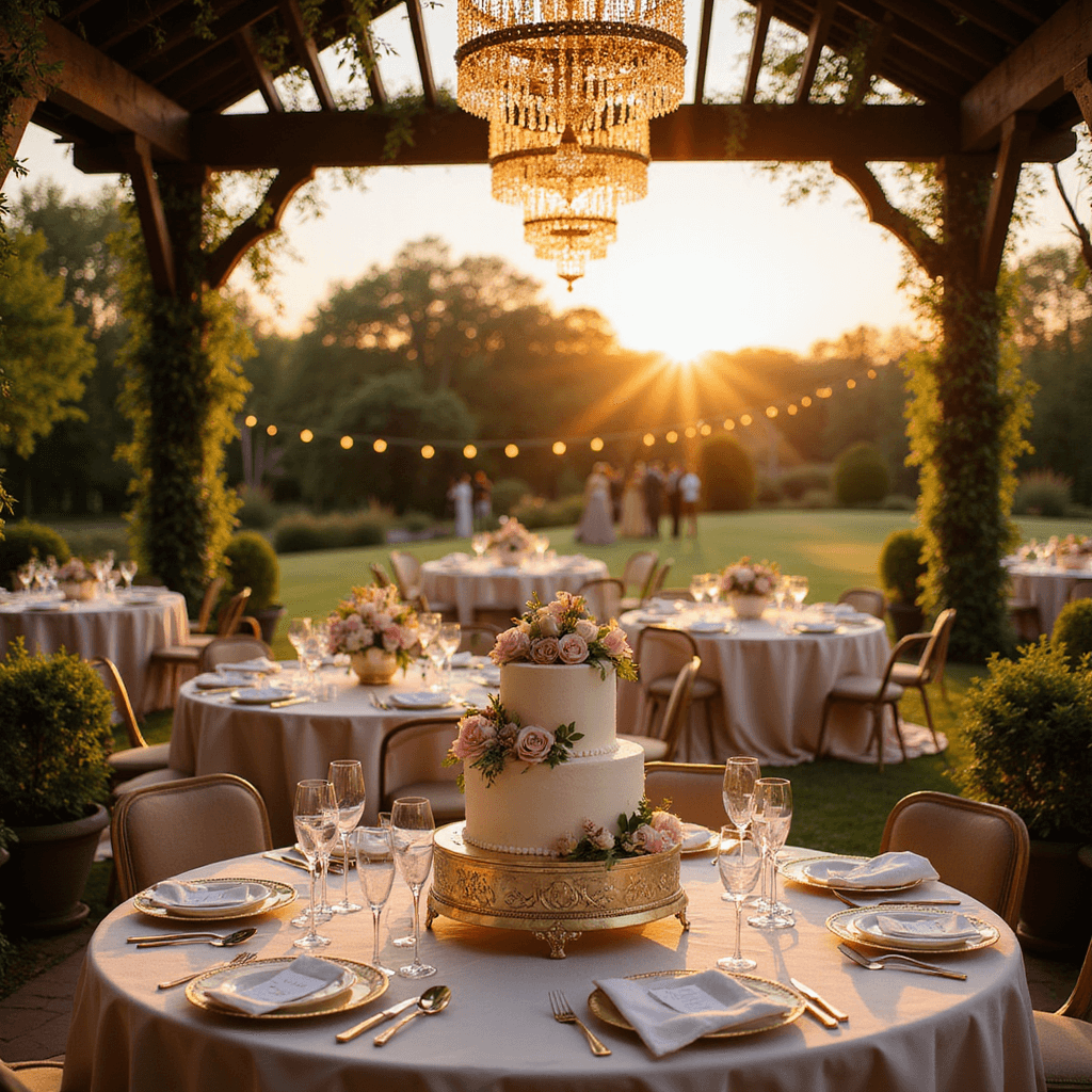 A picturesque garden party at sunset, featuring elegantly set tables with blush silk linens, floral centerpieces, crystal chandeliers, vintage-inspired place settings, and a tiered anniversary cake, as guests mingle and fairy lights twinkle in the trees.