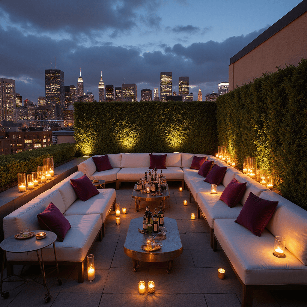 A chic rooftop terrace at dusk, featuring low white seating with jewel-toned pillows, sleek bar carts with artisanal spirits, geometric light fixtures, and a lush greenery backdrop, as well-dressed guests enjoy hors d'oeuvres and a jazz quartet plays softly, with a stunning city skyline view.