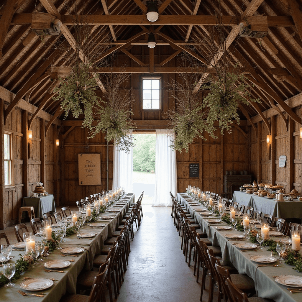 A whimsical wedding reception inside a rustic barn, featuring long farmhouse tables with sage green linen runners, adorned with eucalyptus and wildflowers, mismatched vintage china, suspended fairy lights and paper cranes from wooden beams, a dessert table with naked cakes and jars of honey, and soft candlelight from antique lanterns.