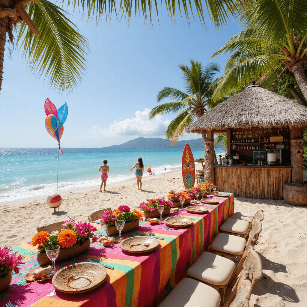 A vibrant beach birthday celebration with a long table in the sand adorned with bold striped linens, tropical flowers in driftwood containers, bamboo place mats, and coconut shell bowls, alongside a custom surfboard sign-in board, paper lanterns, a tiki bar, and children playing with beach balls and kites.
