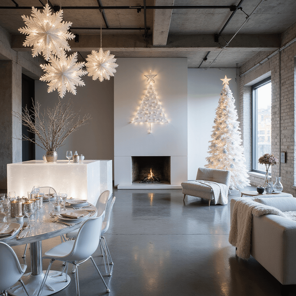 A chic winter wonderland holiday soirée in an industrial loft, featuring a monochromatic palette of whites and silvers, ghost chairs, sleek acrylic tables with frosted branches, oversized paper snowflakes, a glowing ice bar, plush faux fur throws, a modern fireplace, and a tall white Christmas tree adorned with twinkling lights.