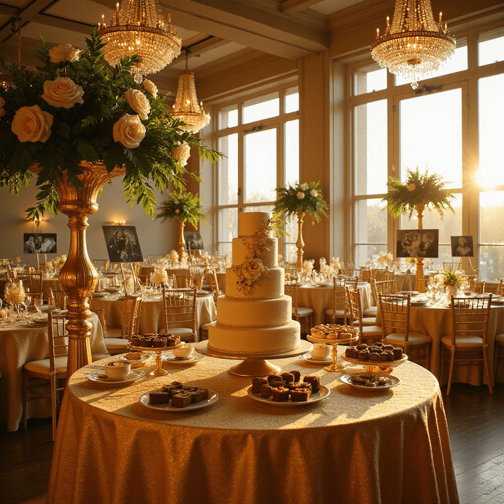 A grand ballroom filled with warm golden light, featuring round tables with gold linens and floral centerpieces, vintage photos of a couple, twinkling fairy lights, and a styled dessert table with a golden anniversary cake and assorted treats.