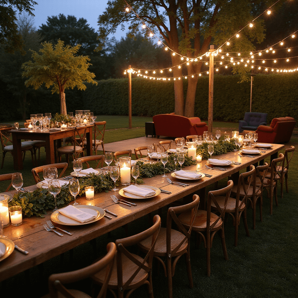 An intimate garden party at dusk with glowing lanterns and candles, featuring long farm tables set with gold charger plates and cream linens, surrounded by mismatched vintage chairs. A dance floor under string lights and a lounge area with jewel-toned velvet sofas complement the rustic bar cart stocked with champagne flutes.