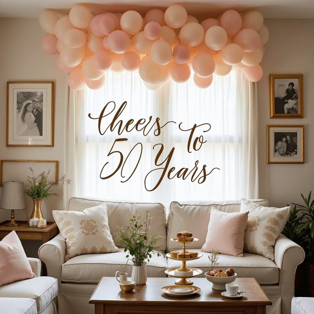A cozy anniversary-themed living room decorated with blush pink and cream balloons, featuring a low coffee table set for brunch with delicate china teacups, tiered stands of pastries, and floral arrangements in gold bud vases, complemented by throw pillows and framed photos of the couple's life, with a 'Cheers to 50 Years' sign in calligraphy.