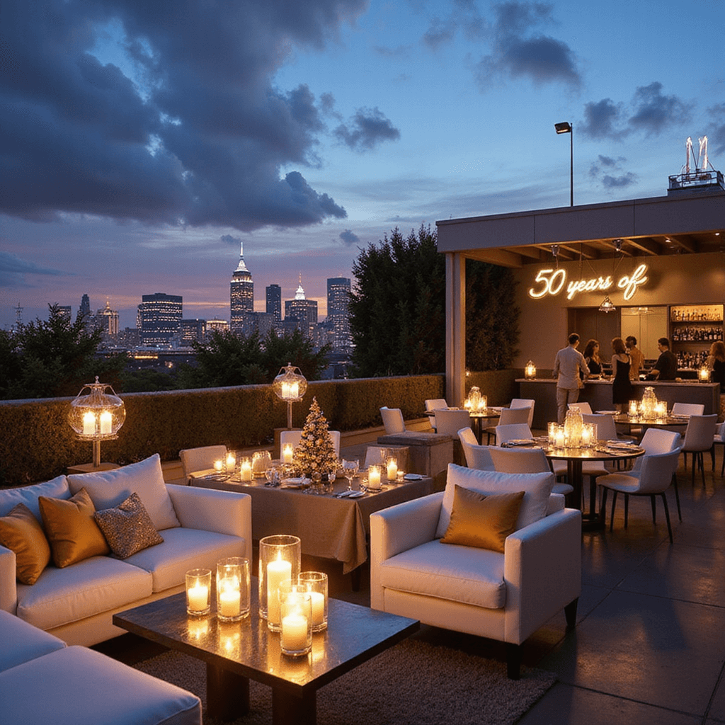 A stylish rooftop terrace at twilight with panoramic city views, featuring modern white lounge furniture, gold-accented pillows, candle-lit tables, a neon sign reading '50 Years of Love', a champagne tower, and a live jazz band.