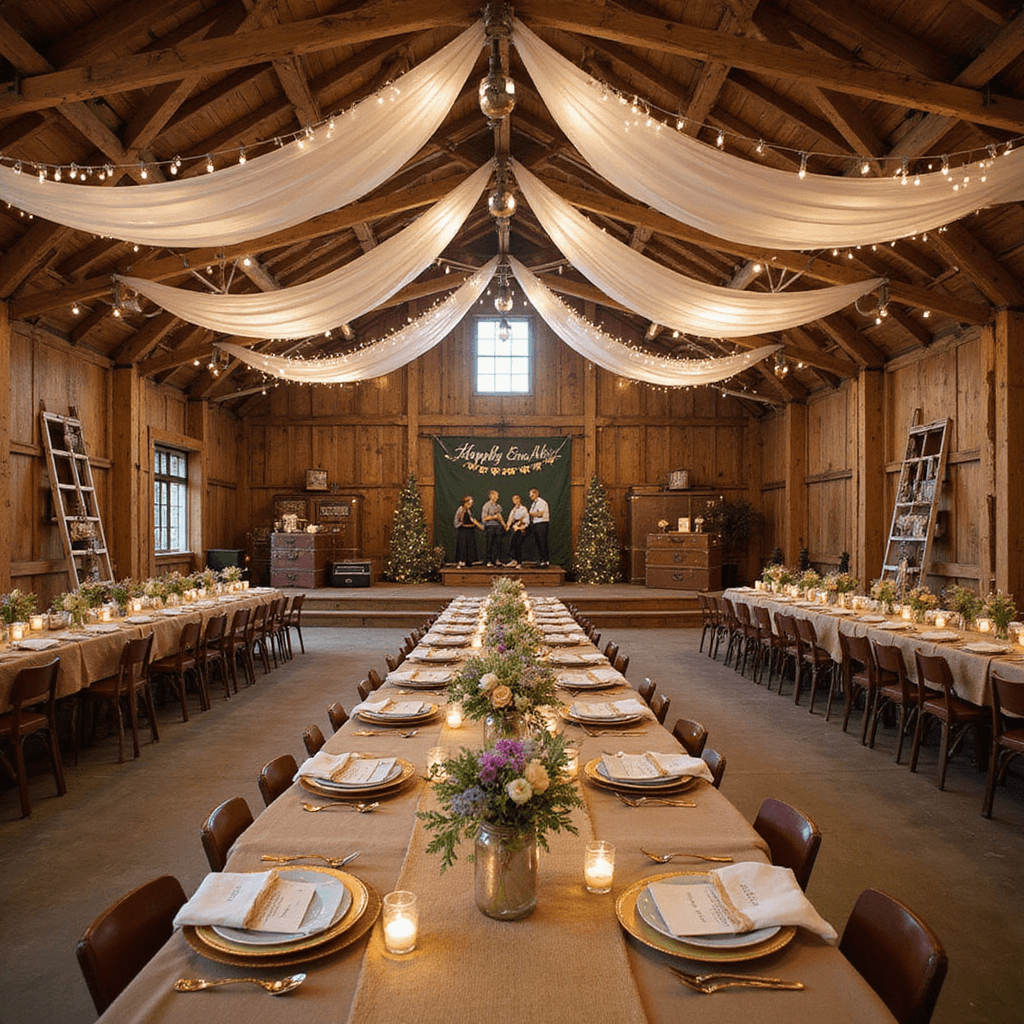 A beautifully styled rustic barn interior for a golden anniversary, featuring gauzy fabric and fairy lights draped from wooden beams, banquet tables with burlap runners and wildflower centerpieces in mason jars, a photo display area with vintage suitcases and ladders, and a warm glow from string lights and lanterns over the dance floor with a live band and 'Happily Ever After' banner.
