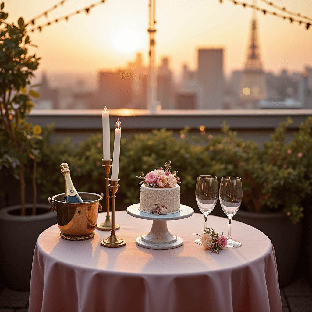 Bento Cake Anniversary: Your Ultimate Guide to Capturing Love in Miniature An intimate rooftop terrace at golden hour featuring a round table with a blush pink silk linen, a beautiful bento cake on a marble stand, delicate fresh flowers, vintage brass candle holders, a champagne bottle in an ice bucket, and crystal flutes, all set against a warm cityscape backdrop.