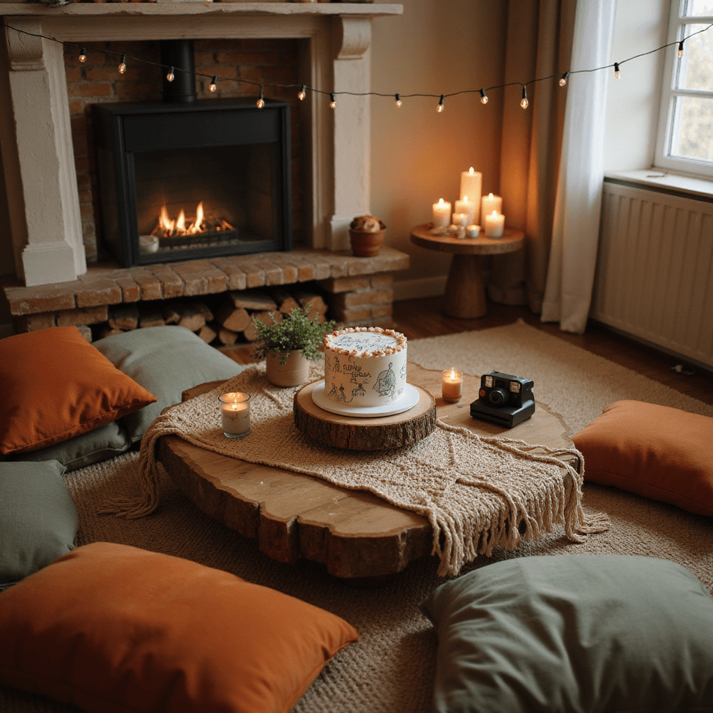 Bento Cake Anniversary: Your Ultimate Guide to Capturing Love in Miniature A cozy living room set for an intimate anniversary celebration, featuring a low table with a macramé runner, surrounded by plush terracotta and sage floor cushions. A beautifully illustrated bento cake on a rustic wooden stand takes center stage, illuminated by soft candlelight from various pillar candles. A Polaroid camera sits nearby, while string lights overhead add a whimsical ambiance, capturing the warm and inviting atmosphere filled with personal touches.