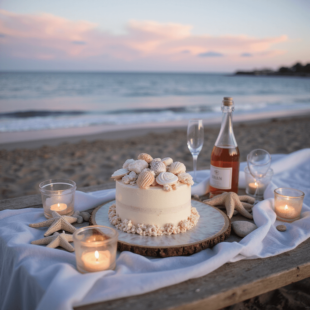 Bento Cake Anniversary: Your Ultimate Guide to Capturing Love in Miniature A romantic beachfront bento cake setup at twilight with a weathered wooden table, sheer draping fabric, a seashell-decorated cake on a mother-of-pearl plate, beach finds like starfish and pebbles, tealight candles, a bottle of rosé, and stemless glasses, all against a pastel sky and calm ocean waters.