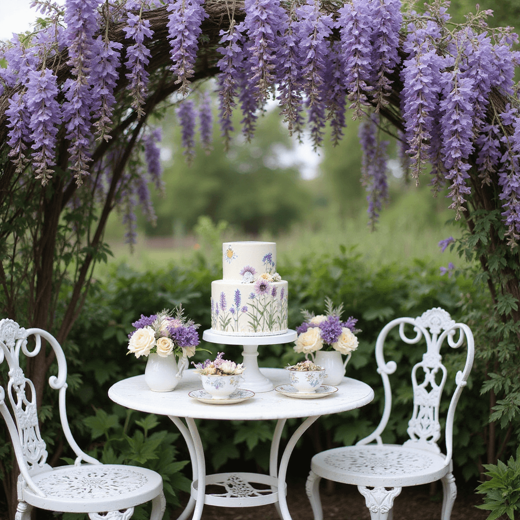 Bento Cake Anniversary: Your Ultimate Guide to Capturing Love in Miniature A whimsical anniversary celebration in a garden nook, featuring a vintage white wrought-iron bistro set under a wisteria arch, a hand-painted bento cake on a delicate stand, antique teacups filled with lavender and cream flowers, and soft tulle draping from tree branches, all captured from an elevated angle.