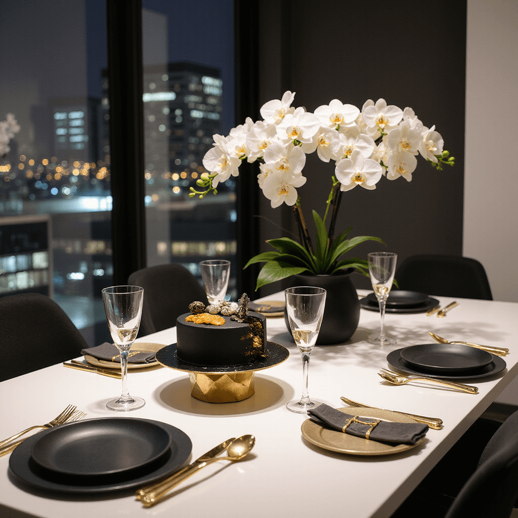 Bento Cake Anniversary: Your Ultimate Guide to Capturing Love in Miniature A modern apartment dining setup for an anniversary celebration featuring a black and gold bento cake on a sleek white table, surrounded by black plates and gold cutlery, with a floral arrangement of white orchids and city lights visible through large windows.