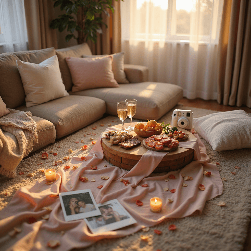 A warm, intimate living room featuring a cozy anniversary picnic on a plush rug, with a low wooden table decorated with a blush pink silk runner, rose petals, and tealight candles. A charcuterie board, fresh fruits, and two flutes of champagne are displayed, surrounded by soft cream and blush throw pillows. A polaroid camera and a stack of photos highlight six months of memories, all bathed in golden hour light streaming through sheer curtains.