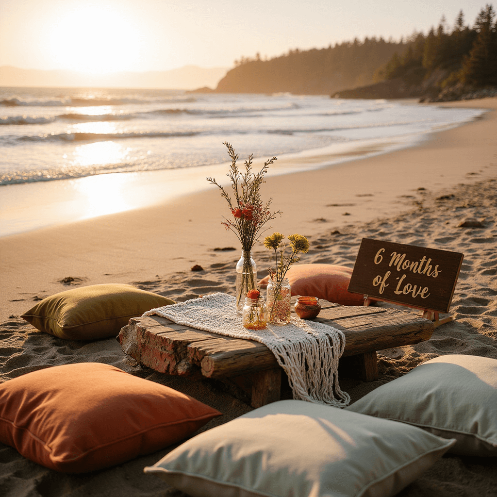 A romantic beach picnic setup at golden hour, featuring a driftwood table with a macramé runner, colorful floor cushions, wildflower mason jars, a wooden sign saying '6 Months of Love', and sandalwood incense, all against a backdrop of soft waves and a golden sky.