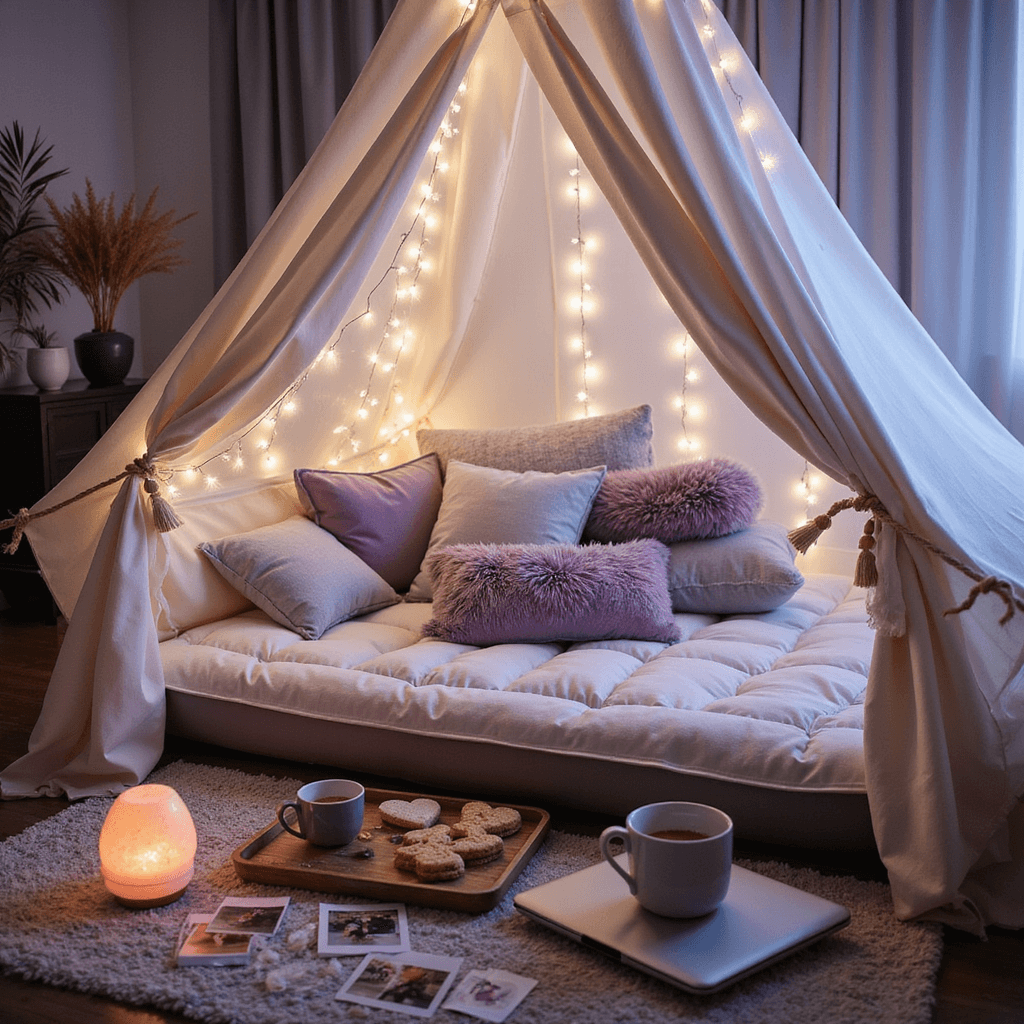 A cozy indoor camping setup featuring a sheer white tent adorned with fairy lights, plush pillows, and a laptop for movie watching, accompanied by hot chocolate and heart-shaped cookies, all illuminated by soft ambient lighting from Himalayan salt lamps.