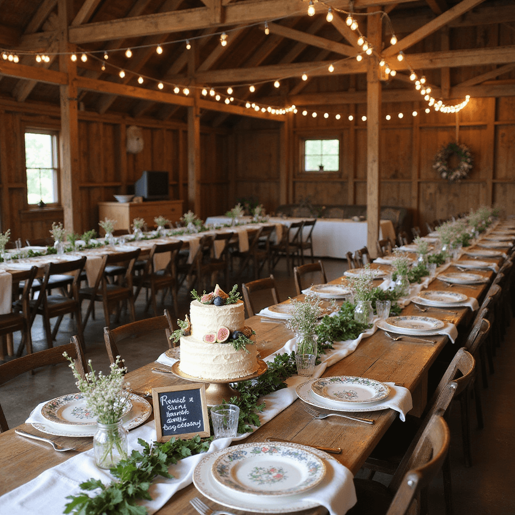 A beautifully arranged rustic barn interior for an anniversary celebration, featuring long U-shaped tables draped in ivory linens, adorned with greenery garlands, vintage china, a tiered naked cake, and mason jars of wildflowers, all softly lit by Edison bulbs and highlighted by chalkboard signs.