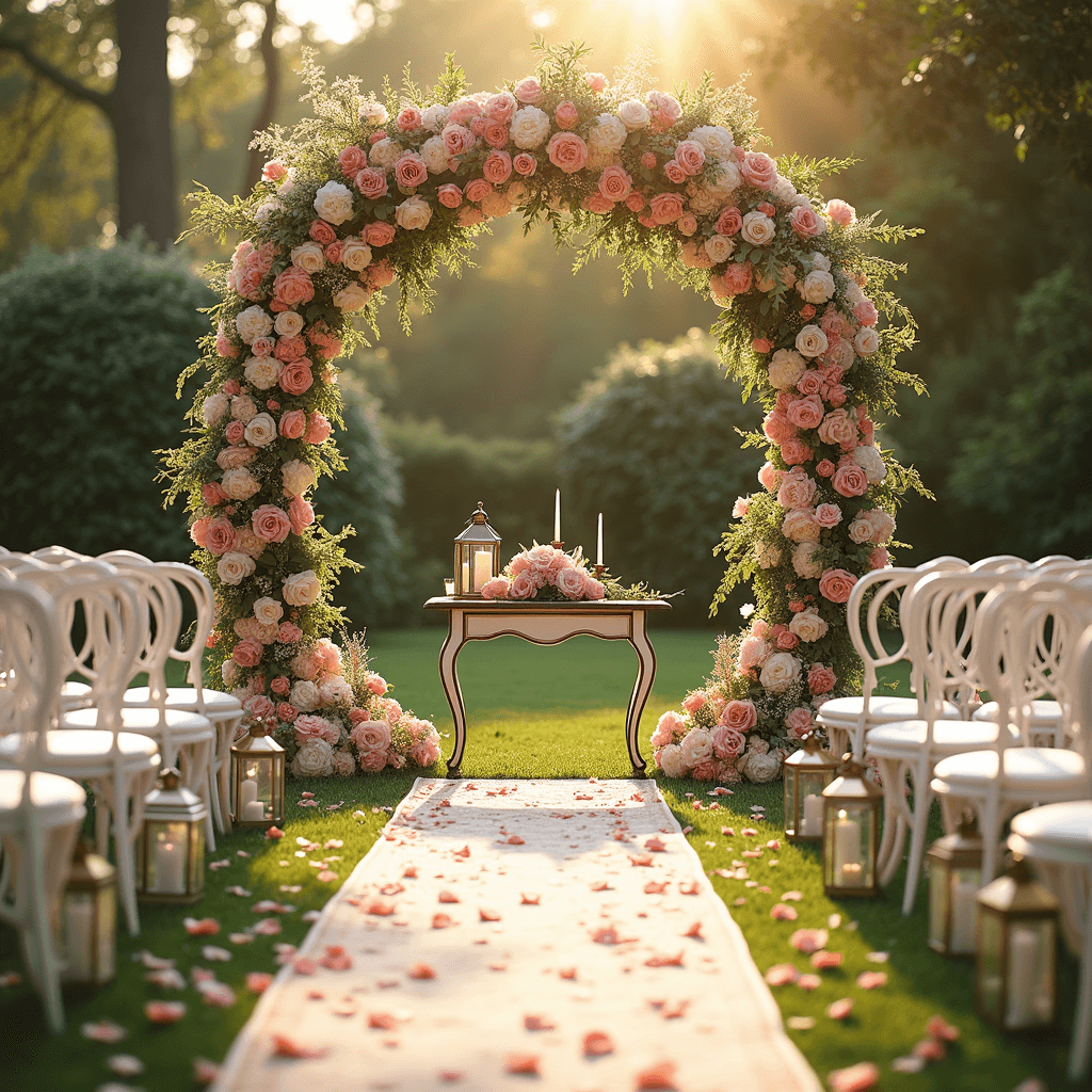 A picturesque golden hour wedding ceremony in a lush garden, featuring a floral arch of blush pink and cream roses and peonies, with soft sunlight illuminating the scene. Ornate white chairs with floral accents face a rustic wooden altar adorned with taper candles, while romantic lanterns and rose petals line the aisle, all captured in a wide-angle view.