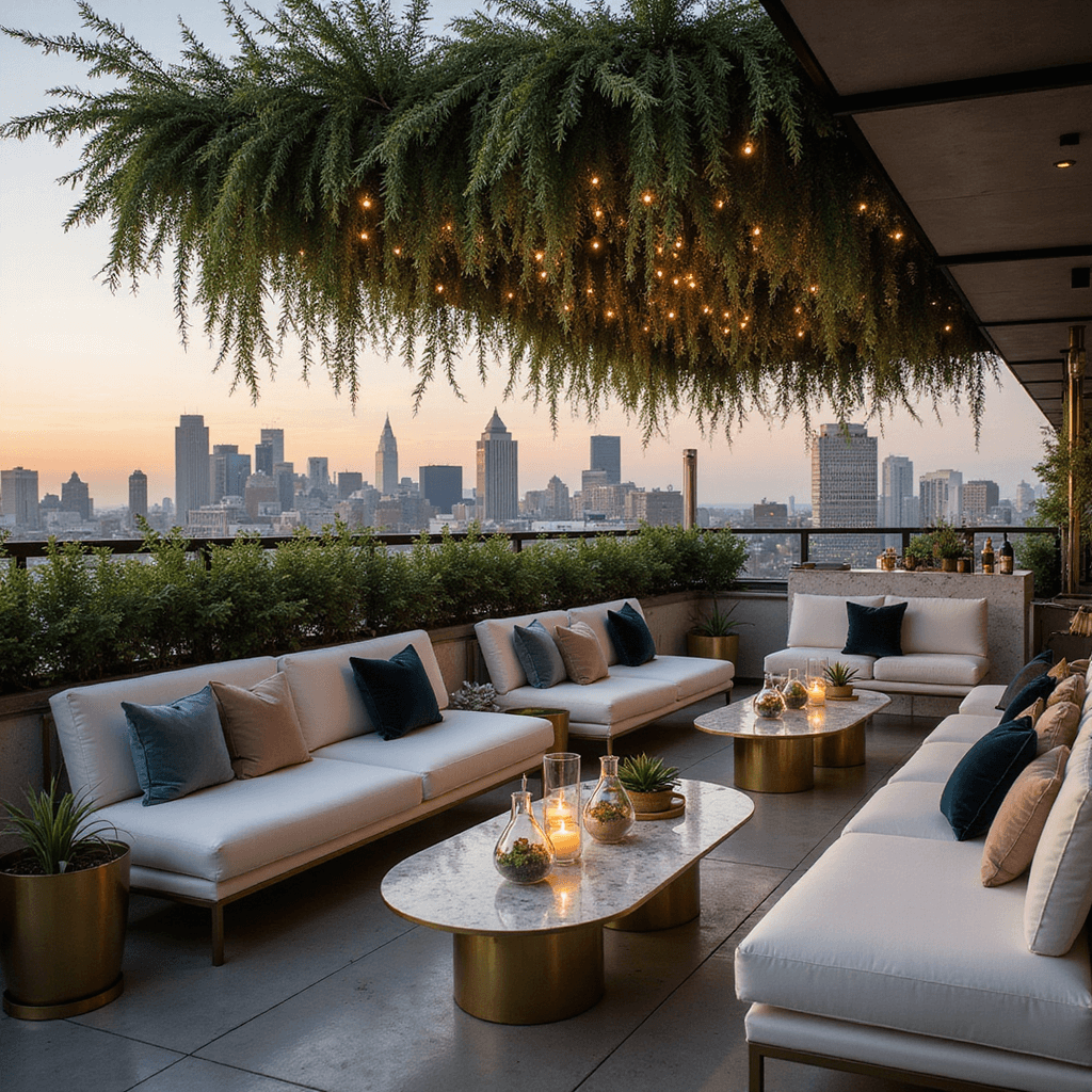 A modern rooftop terrace celebration space at twilight, featuring sleek white lounges, plush velvet pillows, a hanging installation of greenery and fairy lights, polished concrete flooring with brass accents, geometric glass terrariums, and a marble bar with signature cocktails, all set against a dramatic city skyline and fading sunset.