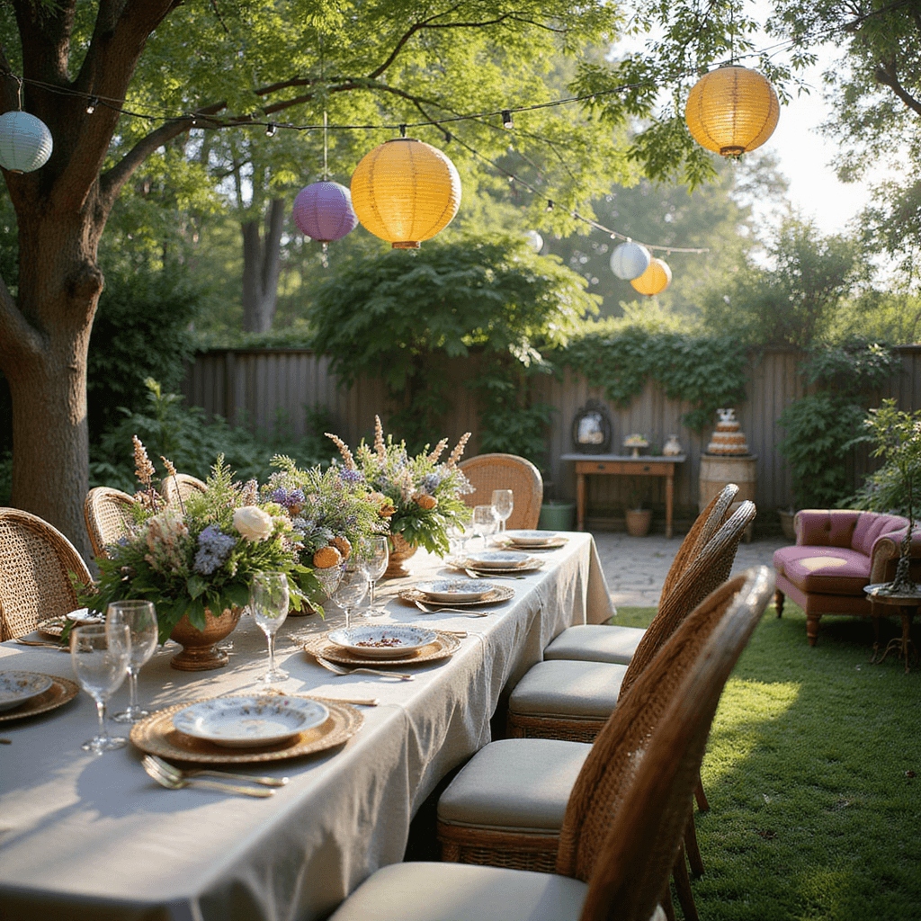 A whimsical garden party in a sunlit backyard featuring a long farm table with textured linen, mismatched vintage china, and crystal goblets. Lush wildflower centerpieces in lavender, periwinkle, and soft yellow surround eclectic seating including wicker peacock chairs and velvet settees, with market lights and colorful paper lanterns overhead. A nearby dessert cart displays a tiered naked cake topped with fresh figs and berries, all captured from a low angle to emphasize the enchanting atmosphere.