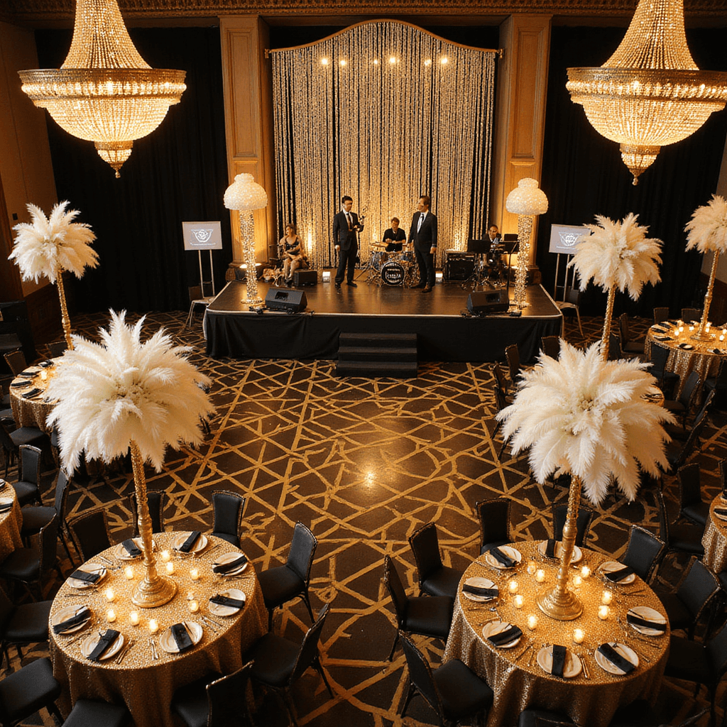 Aerial view of a glamorous Art Deco celebration in a grand ballroom, featuring round tables with gold sequin linens, towering floral arrangements, a geometric dance floor, crystal backdrop, ornate chandeliers, and guests mingling near a champagne tower with a live jazz band playing.