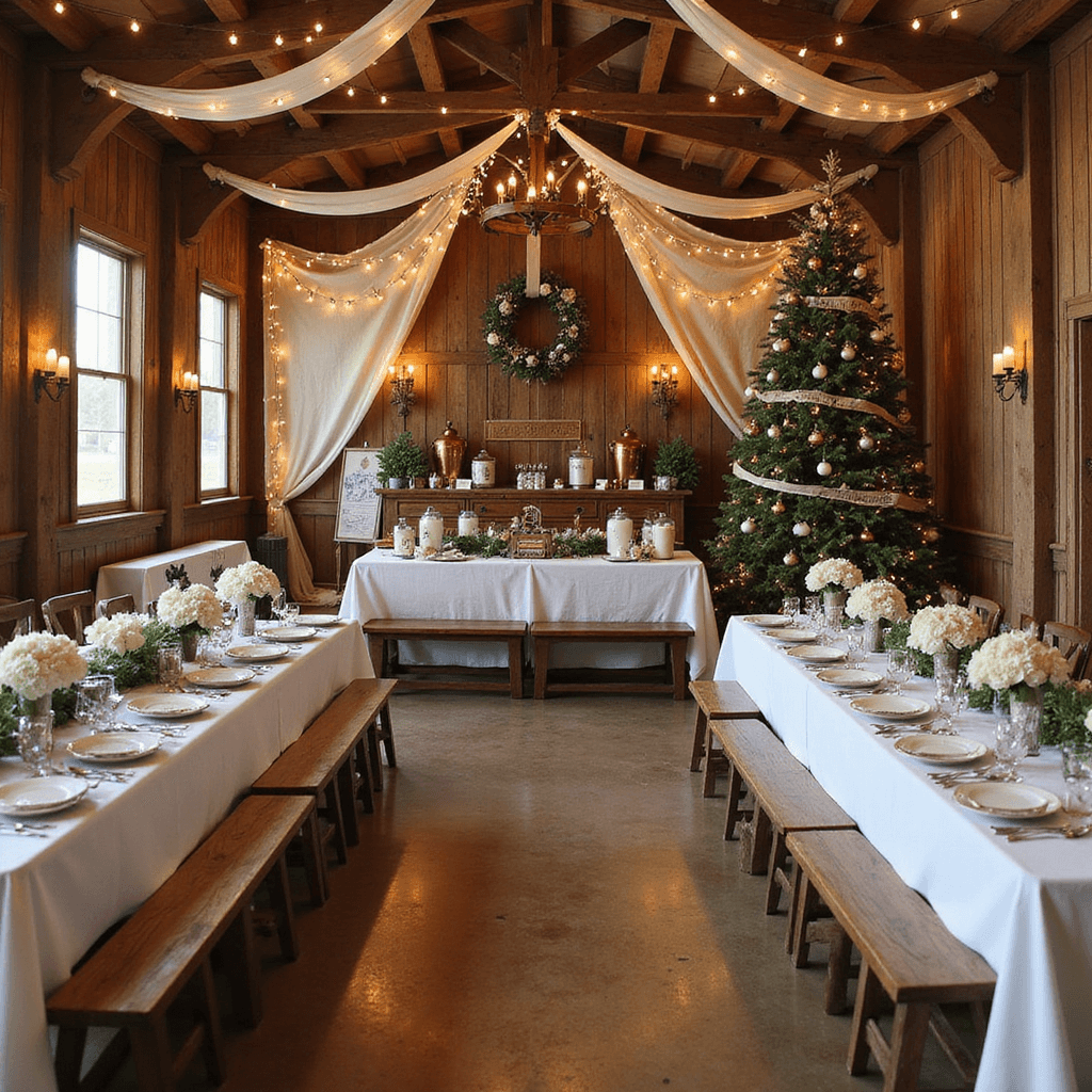 A cozy winter wonderland in a rustic barn, featuring twinkling fairy lights, long farm tables with pinecone place cards and floral centerpieces, a vintage hot cocoa bar, and a majestic Christmas tree, all illuminated by soft candlelight.