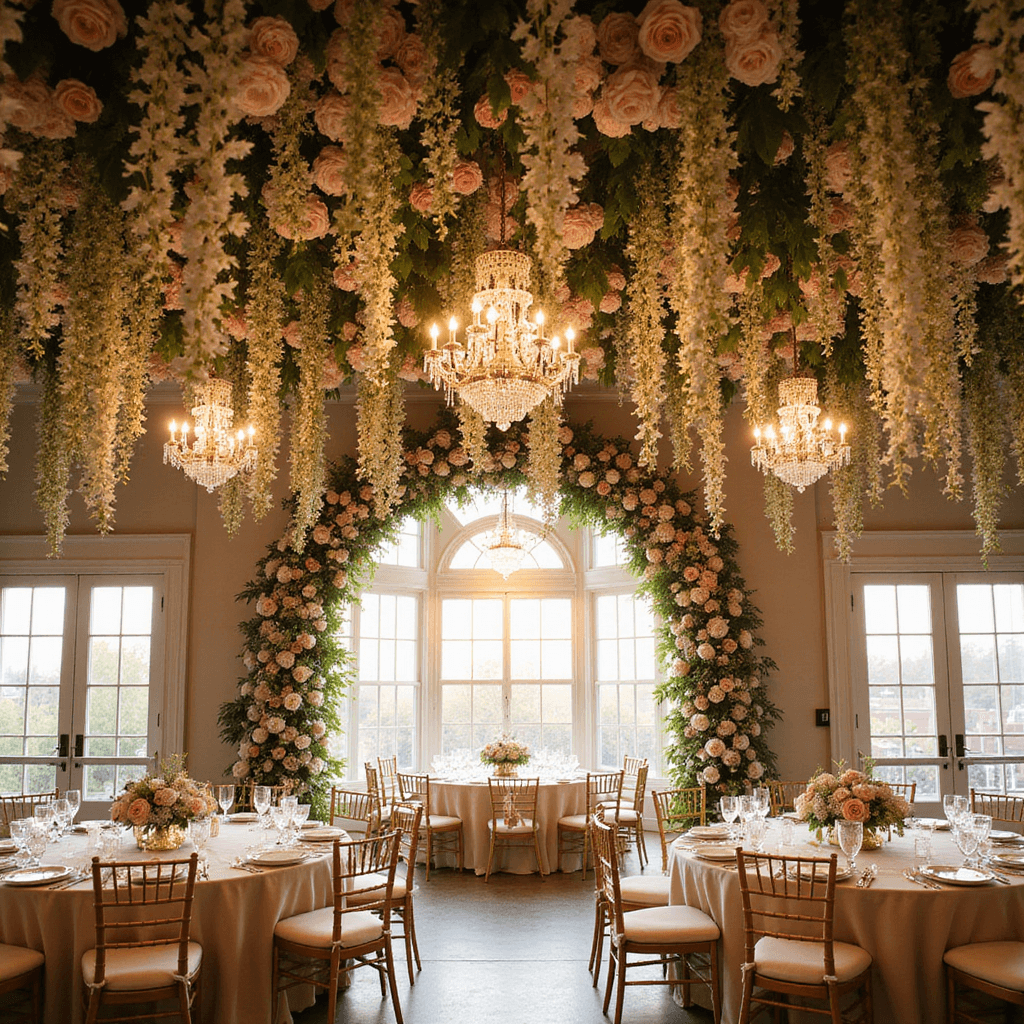 A stunning indoor ballroom adorned with a hanging flower installation of blush roses, white orchids, and baby's breath, featuring crystal chandeliers and elegantly set round tables with gold-rimmed china, under a grand floral arch illuminated by golden hour light.