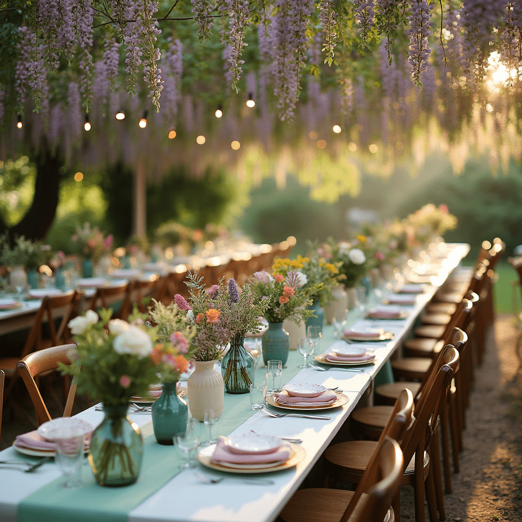 A whimsical garden party under hanging wisteria and twinkling lights, with long farm tables decorated with mint green runners and wildflowers in mismatched vintage vases, surrounded by wooden chairs with floral wreaths. A dessert cart filled with pastel macarons and flower-topped cupcakes catches the golden hour sunlight filtering through the wisteria, creating a dreamy atmosphere.