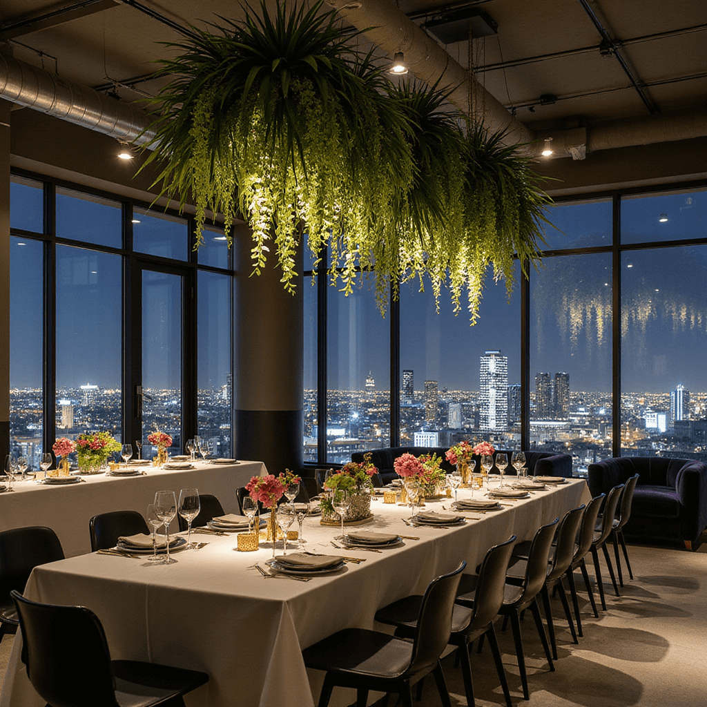 A stylish minimalist celebration in a modern loft with floating orchids and air plants above a sleek dining setup featuring white tablecloths, black dinnerware, and gold accents, surrounded by ghost chairs and luxurious jewel-toned velvet furniture, all under moody lighting with a city skyline backdrop.
