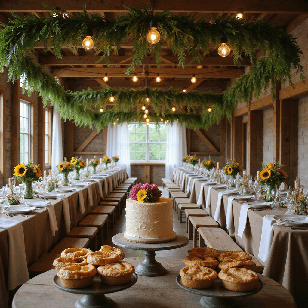 A cozy barn wedding scene featuring lush greenery garlands and warm globe lights hanging from rustic wooden beams, with long harvest tables set with ivory linens, vintage china, and floral centerpieces of dahlias and sunflowers in metal pitchers, a dessert display with a naked cake and mini pies on antique stands, all illuminated by candlelight and string lights.