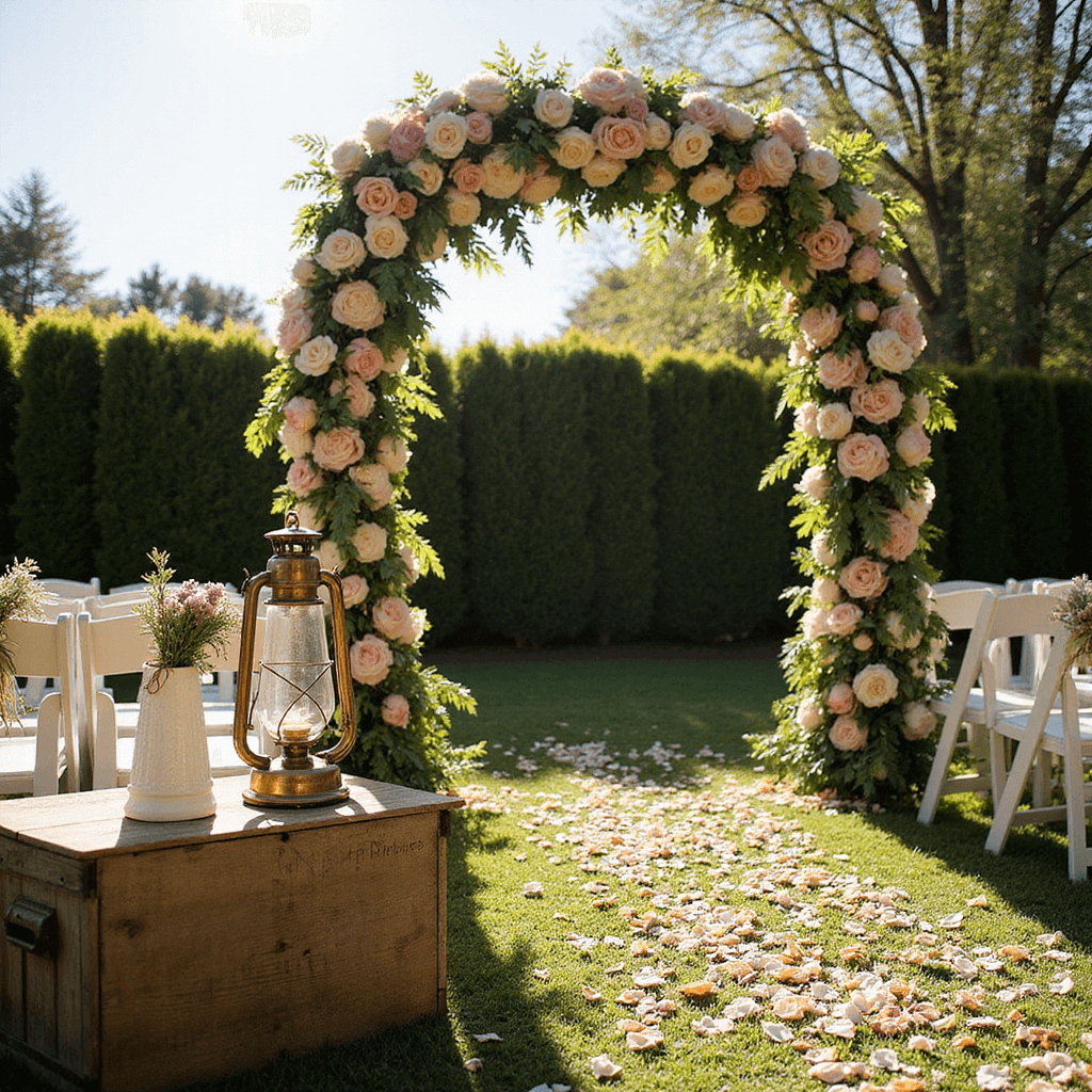 A golden hour wedding ceremony in a lush garden, showcasing an ornate floral arch with blush pink roses and cream peonies, surrounded by white wooden chairs and a petal-strewn aisle, with sunlight filtering through the foliage and an antique brass lantern on a rustic crate in the foreground.