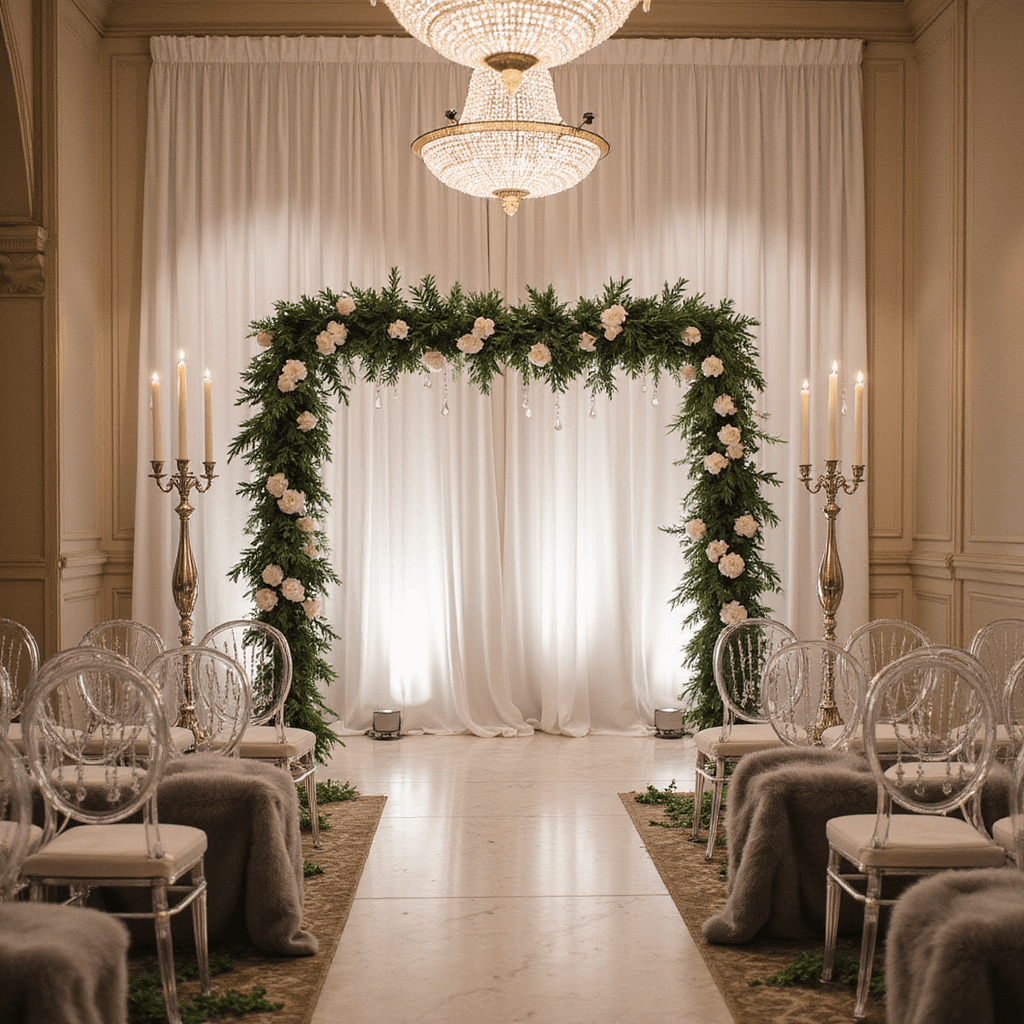 A luxurious indoor ballroom set for a winter wedding, featuring floor-to-ceiling white drapes, a lush greenery backdrop, tall silver candelabras, ghost chairs with grey faux fur throws, and a polished marble floor reflecting warm chandelier light.
