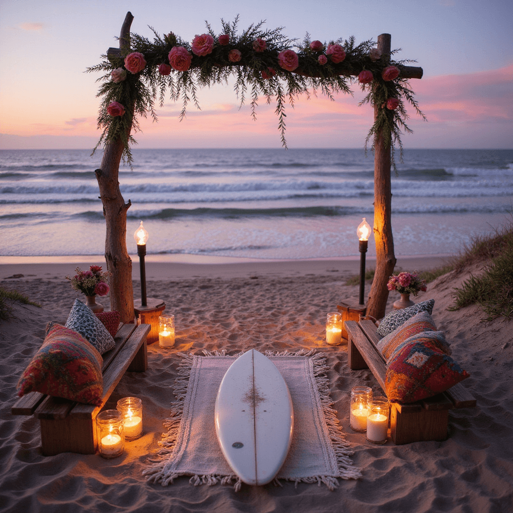 A bohemian beach ceremony at twilight featuring a driftwood arch adorned with pampas grass and peonies, lined with tiki torches and mason jars of fairy lights. Low benches with macramé runners and colorful pillows create seating, while a vintage surfboard serves as a unique guest book. The sky glows in lavender and coral hues, reflecting in the calm ocean waters, all captured in a drone shot showcasing the stunning setup against the coastal landscape.