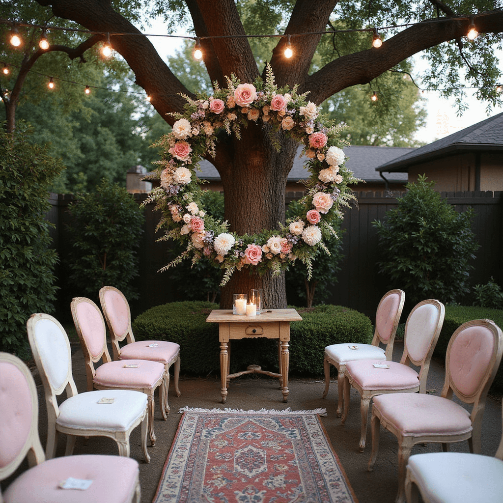An intimate backyard micro-wedding ceremony in a cozy garden nook, featuring a circular floral installation from an oak tree, mismatched vintage pastel chairs with hand-embroidered name tags, an antique carpet defining the space, a unity candle set on a small wood table, and warm cafe lights overhead as dusk approaches.