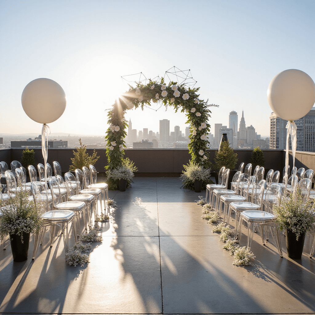 A modern rooftop wedding ceremony setup featuring a sleek metal arch with white calla lilies and monstera leaves, ghost chairs with single stems of baby's breath, whimsical white balloons, and a sparkling champagne tower, all against a backdrop of a bustling city skyline under late afternoon sunlight.