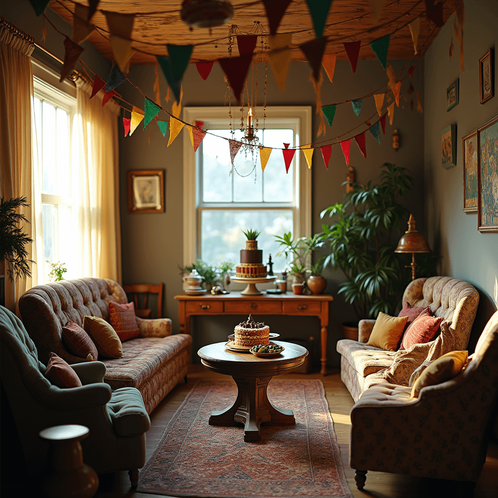 A cozy living room transformed for a whimsical Hogwarts-inspired birthday party, featuring house banners, floating candles, a grand dessert table with a chocolate frog cake, potion bottles, and Bertie Bott's beans, surrounded by vintage armchairs in a magical ambiance.