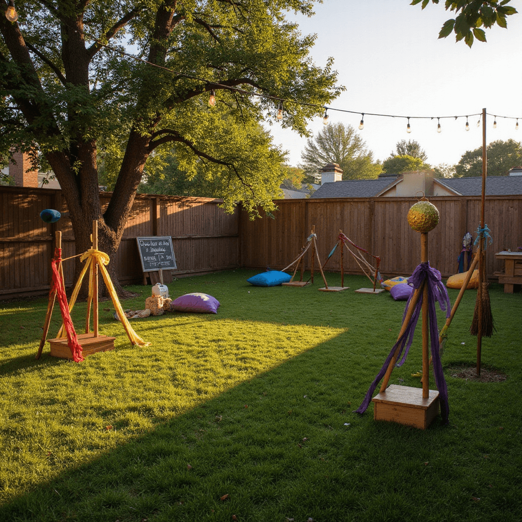 An enchanting outdoor Quidditch Challenge area at golden hour, featuring goal post hoops with house-colored ribbons, broomsticks against a rustic fence, a golden snitch piñata hanging from a tree, colorful beanbags on the grass, and a whimsical scoreboard made from an upcycled pallet, all illuminated by fairy lights as dusk approaches.