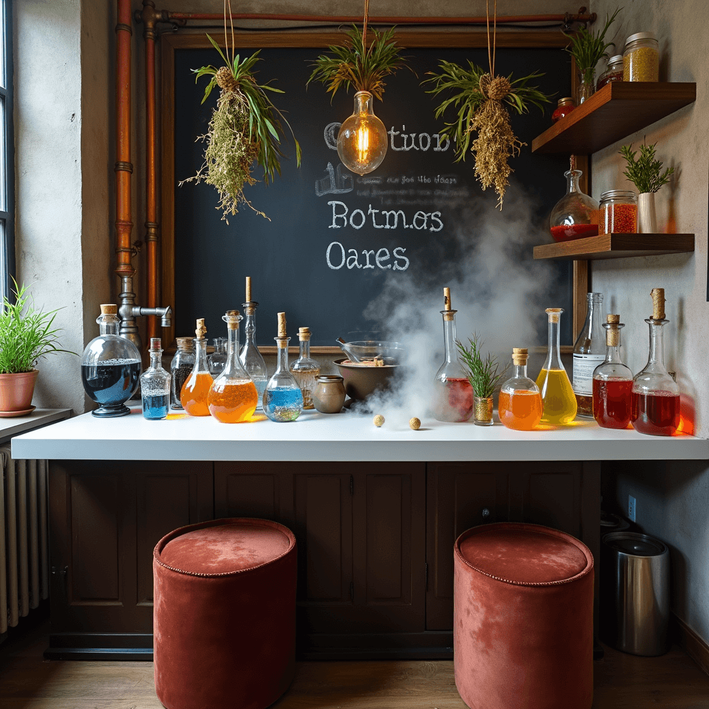 A modern potions class corner with a sleek white countertop dominated by glass beakers, vibrant bubbling liquids, and cauldrons; overhead herb bundles hang from a copper pipe, while a chalkboard wall displays elegant potion recipes; velvet-wrapped stools provide seating, and colorful apothecary jars line the floating shelves, all enveloped in soft lighting and dramatic dry ice fog.