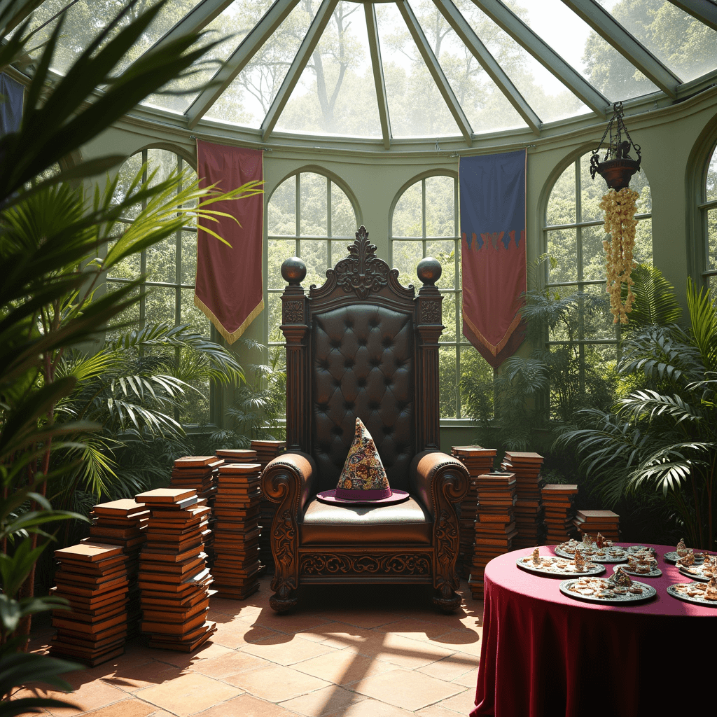 A grand Sorting Hat ceremony setup in a light-filled conservatory, featuring a majestic throne-like chair, leather-bound books, the Sorting Hat on a velvet cushion, colorful house banners, and a table with house badges, all illuminated by soft morning light streaming through the glass ceiling.