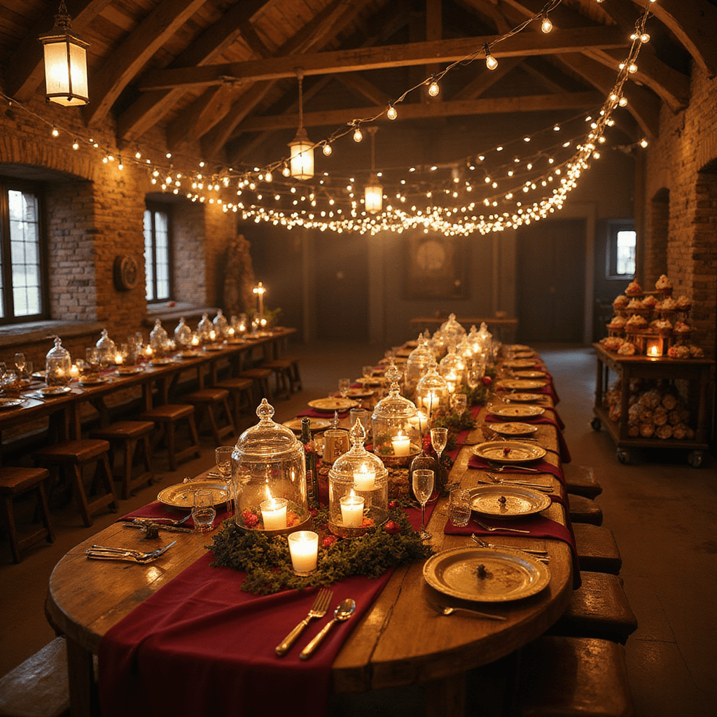 An enchanted birthday feast in a rustic barn with wooden tables, burgundy runners, gold charger plates, suspended candles, magical terrariums, scattered wands, and potion bottles under a canopy of twinkling lights. A dessert cart features Sorting Hat cupcakes and a candy display, all illuminated by warm lantern light.