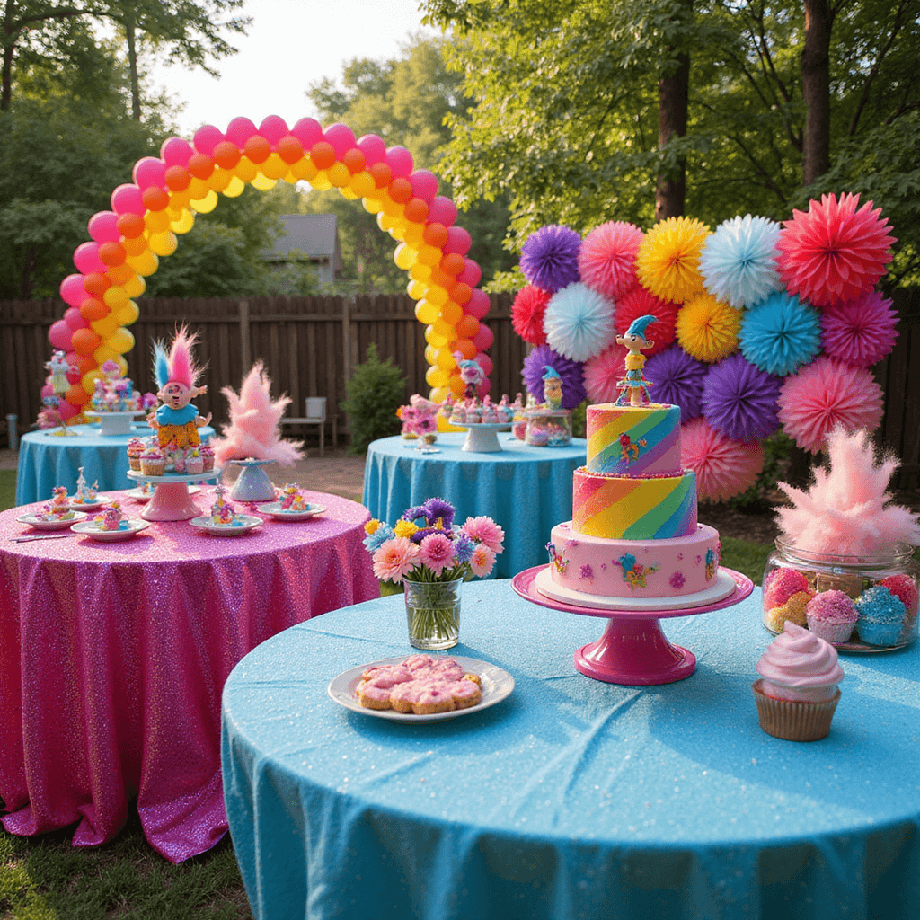 Ultimate Guide to Throwing an Epic Trolls Birthday Party: A Colorful Celebration of Joy! A vibrant Trolls-themed birthday party setup in a sunlit backyard featuring a grand rainbow balloon arch, colorful tables with glittery linens and character centerpieces, a dessert table with a tiered rainbow cake and Trolls cupcakes, whimsical tissue paper flower walls, and DIY Troll hair headbands.