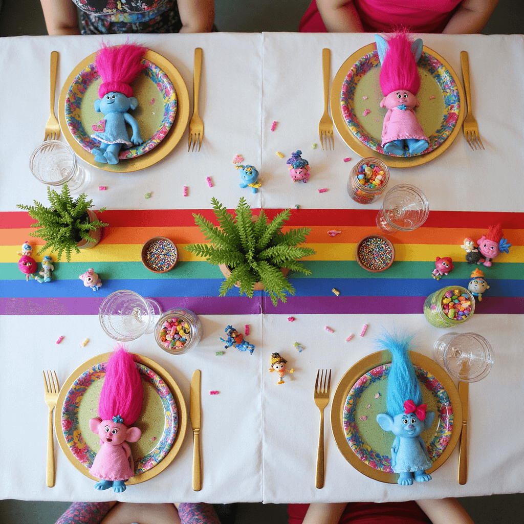 Ultimate Guide to Throwing an Epic Trolls Birthday Party: A Colorful Celebration of Joy! Overhead view of a Trolls-themed party table with a rainbow runner on a white tablecloth, character plates, rainbow napkins, glittery utensils, potted 'hair plants,' colorful candy jars, scattered confetti, and tiny Trolls figurines, all under soft, diffused lighting.