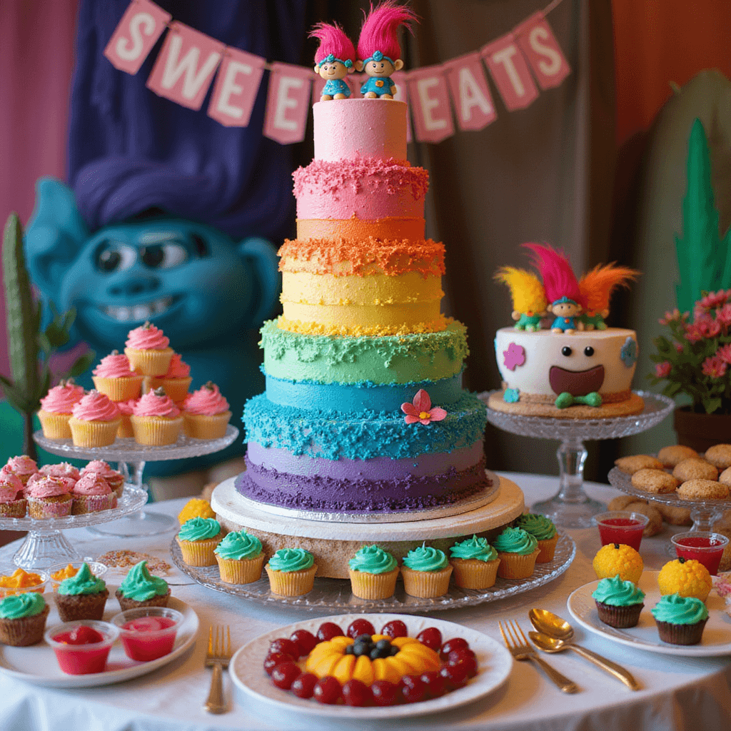 Ultimate Guide to Throwing an Epic Trolls Birthday Party: A Colorful Celebration of Joy! A vibrant Trolls-themed dessert table featuring a six-tiered ombre rainbow cake adorned with fondant characters and edible glitter, surrounded by themed cupcakes, rainbow Jello cups, and colorful fruit platters. Elegant crystal cake stands and gold accents enhance the display, with a whimsical 'Sweet Treats' banner above, all illuminated by soft lighting that highlights the desserts.