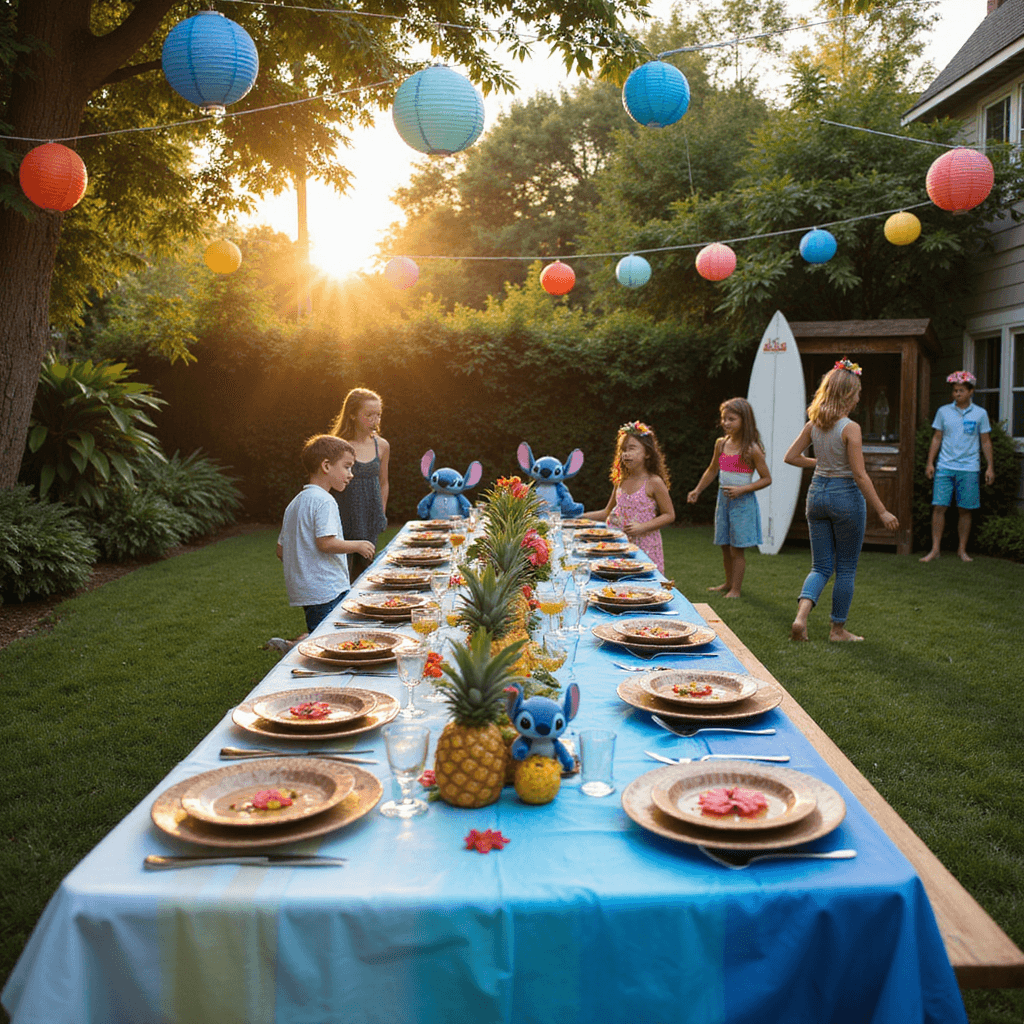 A vibrant Stitch-themed birthday party in a backyard during golden hour, featuring a long blue ombre picnic table with tropical decorations, colorful paper lanterns, and children in Hawaiian leis playing games on the lawn.