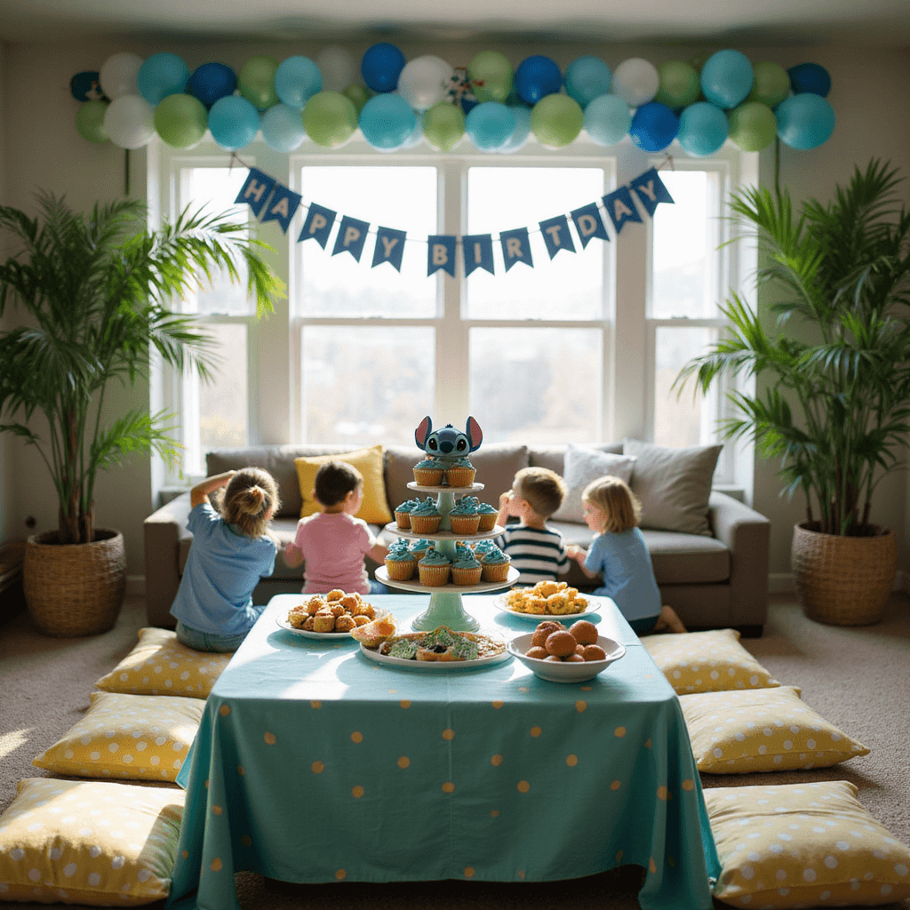 An intimate Stitch-themed party setup in a cozy living room, featuring a low table with a teal polka-dot tablecloth adorned with cupcakes and tropical fruit skewers. Balloon garlands and paper palm trees decorate the space, and a 'Happy Birthday' banner hangs above, with children engaged in a craft activity in the blurred background.