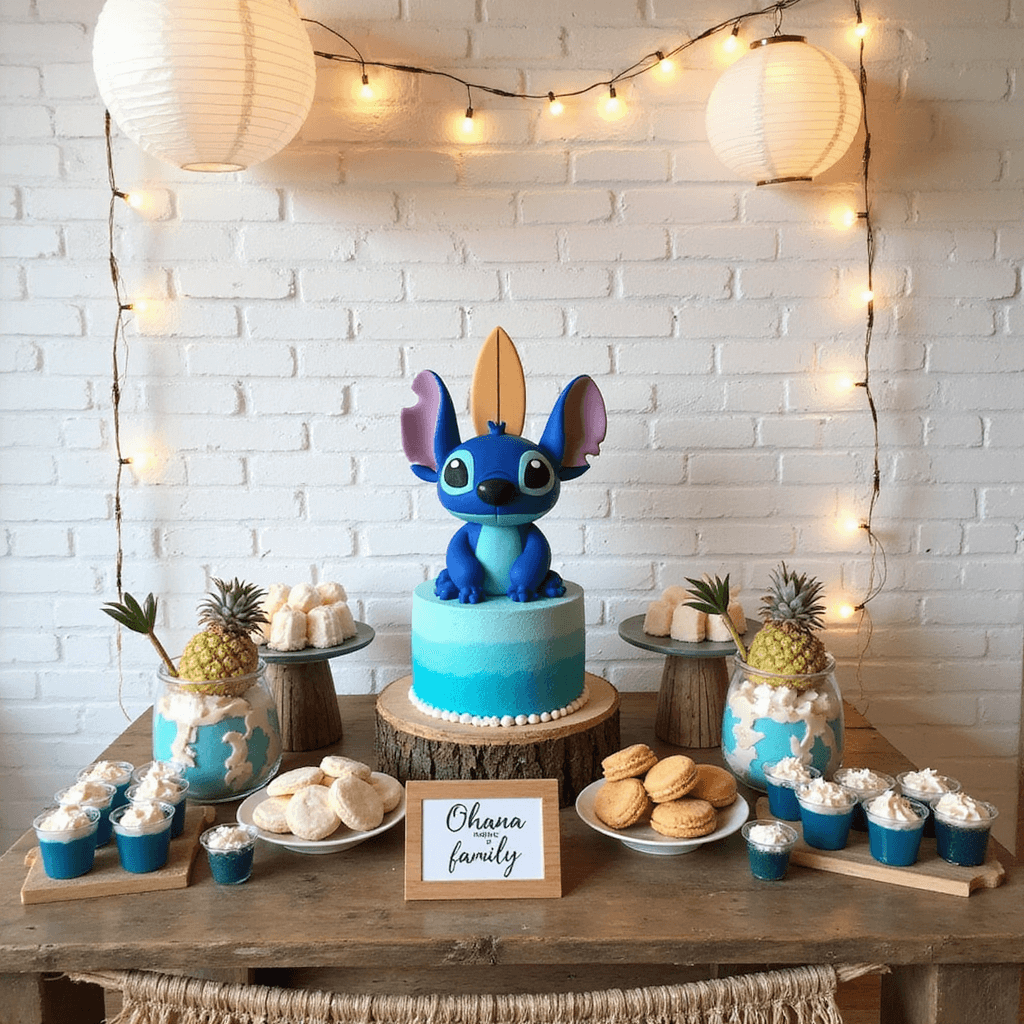 A whimsical dessert station inspired by Stitch, featuring a blue ombre cake with fondant Stitch ears and a surfboard topper, surrounded by coconut macaroons, blue jello cups, and pineapple-shaped cookies, all set on a rustic wooden table adorned with fairy lights and a raffia table skirt against a white brick wall. The DIY sign reads 'Ohana means family'.
