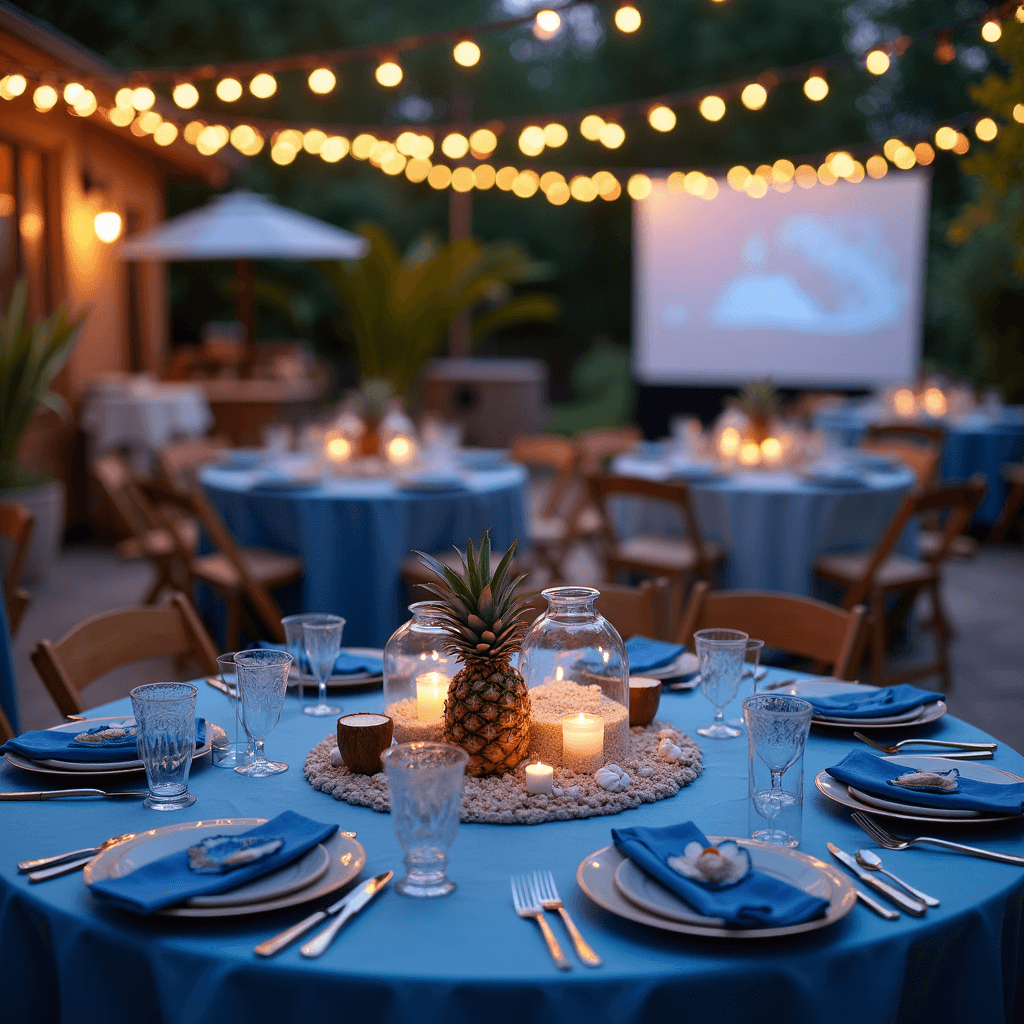 An outdoor evening setting with a Stitch party on a patio illuminated by string lights, featuring round tables with ocean blue linens, centerpieces of glass hurricanes filled with sand, seashells, blue candles, personalized coconut cups, mini pineapples, and a nearby dessert cart with a 'build-your-own' shave ice station, with a projection screen for an outdoor movie night in the background, all captured in soft focus with a dreamy bokeh effect.