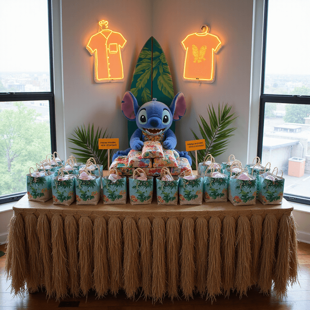 A vibrant Stitch-themed gift and favor table in a modern apartment, featuring a grass skirt draped table, Hawaiian shirt-shaped favor bags, a large Stitch plush toy, colorful wrapped presents, and handmade palm leaf signs, all illuminated by natural light and neon wall art.