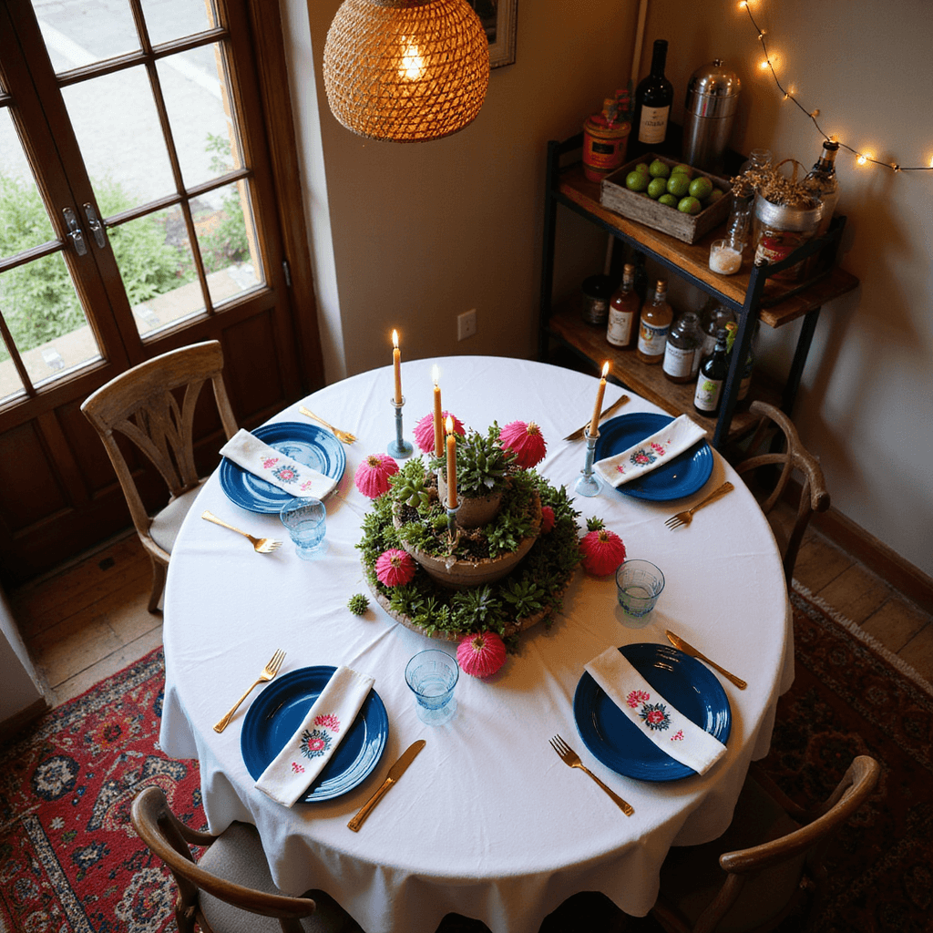 An overhead view of a cozy indoor Mexican dinner party with a round table covered in a white linen tablecloth, adorned with colorful plates, gold cutlery, and a succulent centerpiece. Rattan pendant lights illuminate the scene, while fairy lights add a festive touch to the walls. A bar cart with tequila and mezcal bottles is nearby, accompanied by fresh limes.